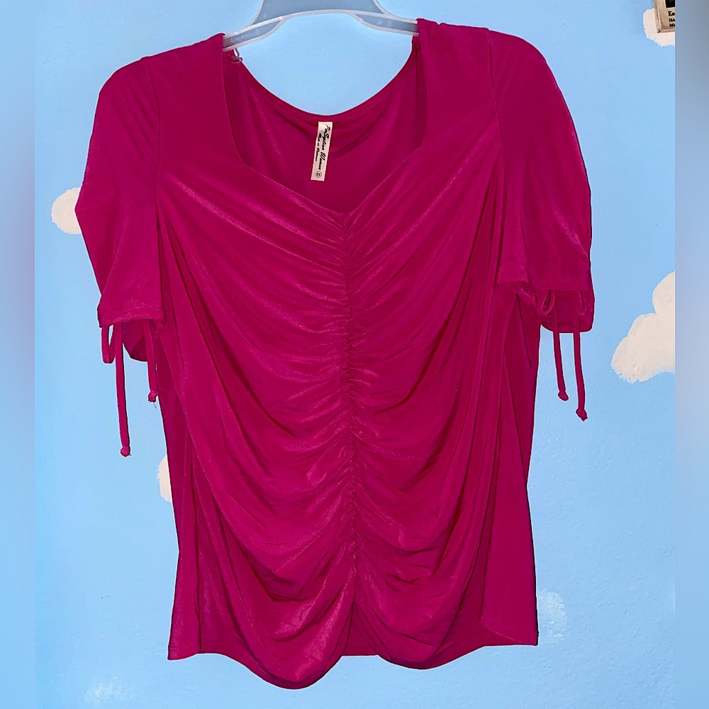 Perseption Women - Plus Size Ruched Hot Pink Top w/ Drawstring Sleeve